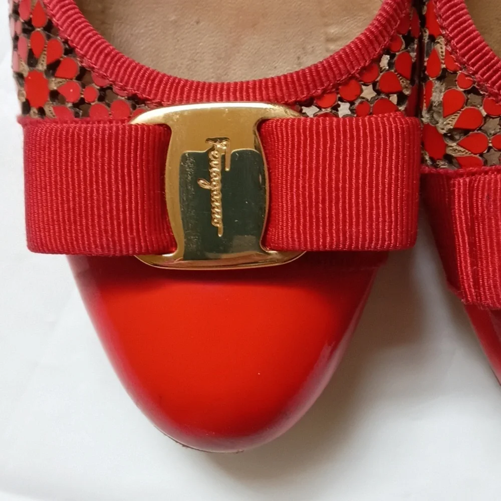 Salvatore Ferragamo Red Perforated Leather Bow Block Heel Pump